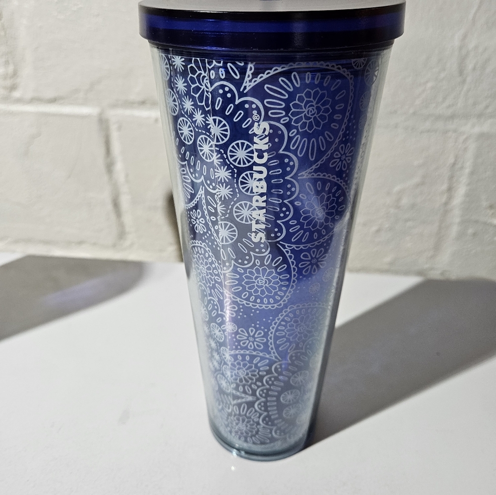 Starbucks Blue Bandana Paisley Floral Tumbler. No Straw
